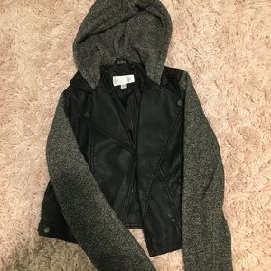 faux leather hooded jacket w/ fabric sleeves